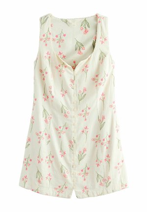 Sukienka bez rękawów w kolorze kremowym z różowo-zielonym kwiatowym wzorem, dekolt w łódkę i zapięciem na guziki z przodu.