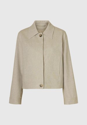 Beige lühike jakk, mis on valmistatud tekstuurmaterjalist. Omab suurt kraed, esimest nööbikinnitust ja küljetaskuid. Puhas, minimalistlik disain.