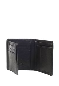 Zwarte leren portemonnee opengeklapt om een gestructureerd oppervlak te tonen, met meerdere kaartsleuven en een bil compartment, met een nette, eenvoudige vormgeving.