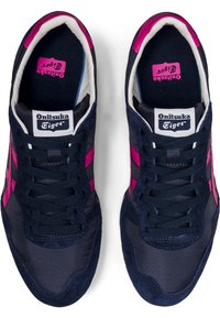 Navy and pink Onitsuka Tiger sneakers with a suede and fabric upper, featuring a lace-up design and padded collar.