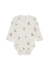 Body niemowlęce z długim rękawem w miękkim, kremowym ribbingu z żółtym wzorem gruszek i liści, z okrągłym dekoltem i zapięciem na napy na dole.
