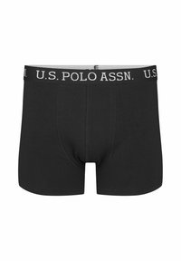 Črne bokserice iz bombaža, z mehkim elastičnim pasom, na katerem je v beli barvi napisan "U.S. POLO ASSN." Gladka tekstura in prilagojen kroj.