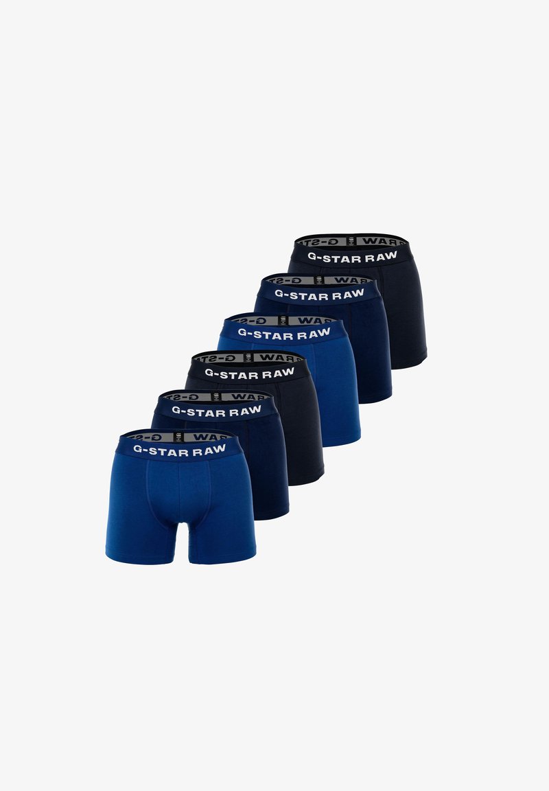Caleçons pour hommes en pack de six, avec des nuances variées de bleu et de marine foncé. Tissu en coton doux avec des ceintures G-Star RAW élastiques.