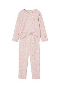 Pink long-sleeve toddler pajamas with cat faces, stars, and moon patterns printed all over.
