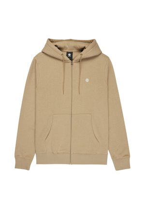Beżowa bluza z kapturem na zamek, wykonana z miękkiego materiału. Posiada kaptur ze ściągaczem, przednie kieszenie oraz małe logo na lewej stronie klatki piersiowej.