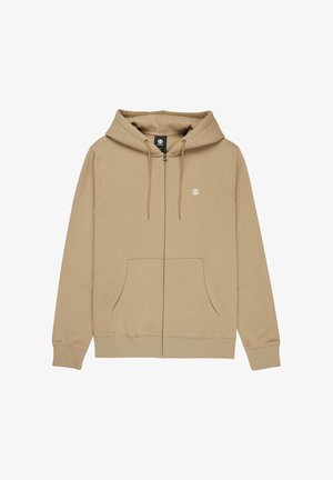 Beżowa bluza z kapturem na zamek, wykonana z miękkiego materiału. Posiada kaptur ze ściągaczem, przednie kieszenie oraz małe logo na lewej stronie klatki piersiowej.