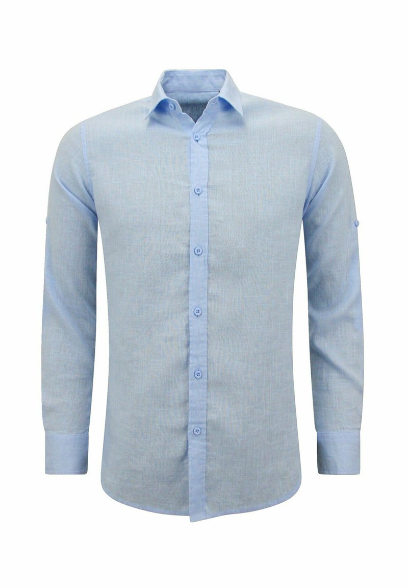 Lichtblauw overhemd met lange mouwen en een knoopsluiting aan de voorkant, contrasterende kraag en manchetten. Gemaakt van een textuurstof met een subtiel patroon.