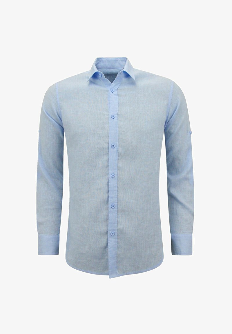 Lichtblauw overhemd met lange mouwen en een knoopsluiting aan de voorkant, contrasterende kraag en manchetten. Gemaakt van een textuurstof met een subtiel patroon.