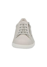Light gray sneaker with a textured side panel, lace-up front, and side zipper. Features a smooth toe cap and a white sole.
