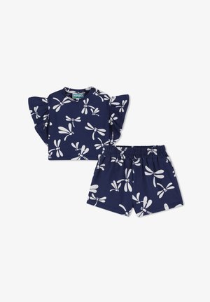 Tenue pour enfants bleu marine avec imprimé libellule blanche, haut à manches courtes avec volants, et short à taille élastique.