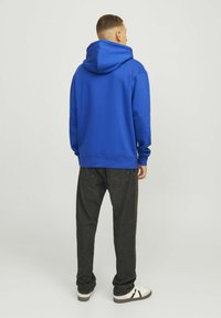 Felpa blu con tasca a marsupio, vestibilità rilassata e tessuto testurizzato. Abbinata a pantaloni scuri e scarpe da ginnastica bianche, vista da dietro.