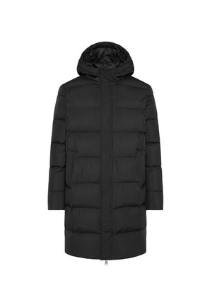 Black puffer coat with a hood, featuring a quilted design, long sleeves, front zipper closure, and side pockets; made of lightweight material.