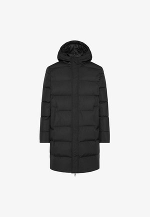 Black puffer coat with a hood, featuring a quilted design, long sleeves, front zipper closure, and side pockets; made of lightweight material.