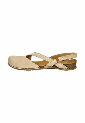 Beige leather slingback shoe with crisscross straps, round toe, and a low heel. Textured leather upper and stitched detailing around the sole.