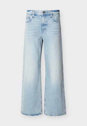 Gaiši zilas augsta vidukļa plaša stila džinsa bikses ar priekšējām kabatām, jostas cilpām un pogas aizdari.