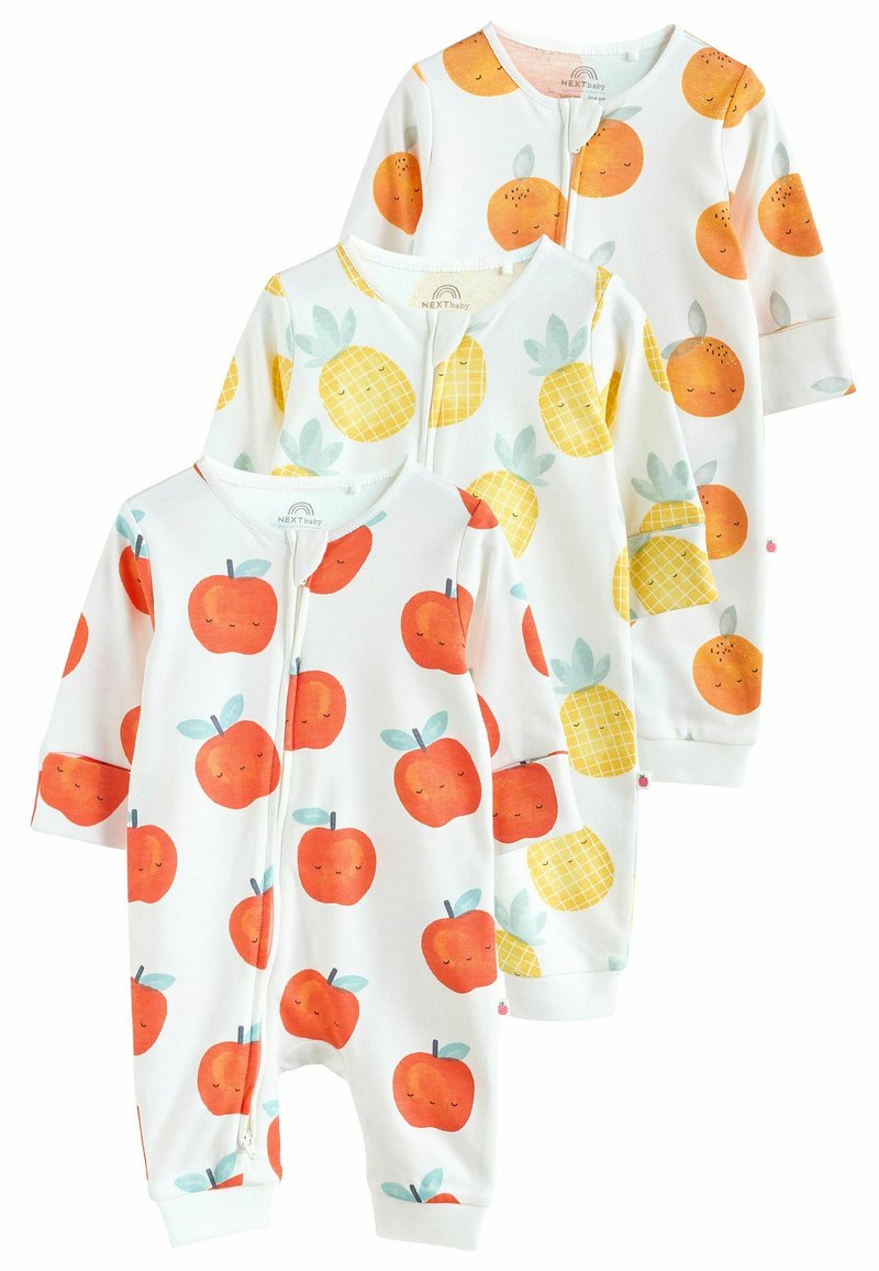 Tre mjuka bomullsbodys i vitt med tryck av apelsiner och ananaser. Dragkedjestängning, lång ärm och ribbade muddar.