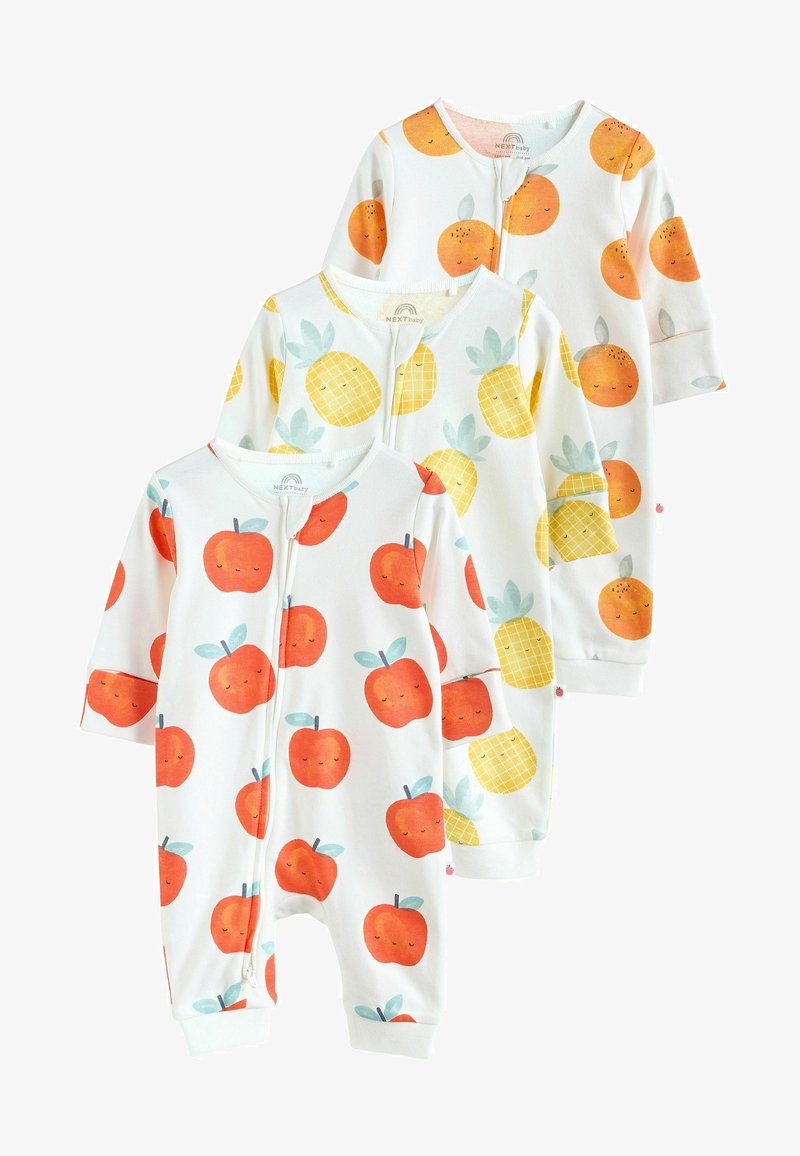 Tre mjuka bomullsbodys i vitt med tryck av apelsiner och ananaser. Dragkedjestängning, lång ärm och ribbade muddar.