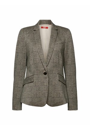 Blazer femme à un bouton en motif pied-de-poule noir et blanc avec revers crantés et poches à rabat devant.
