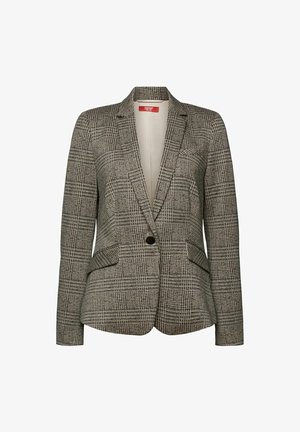 Blazer de mujer de un solo botón en patrón de pata de gallo en blanco y negro con solapas con muesca y bolsillos delanteros con solapa.