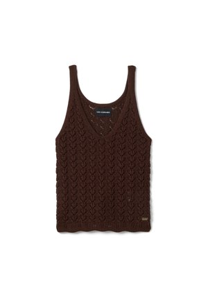 Braunes ärmelloses Stricktop mit strukturiertem Blattmuster und "Les Copains"-Label innen am Kragen.