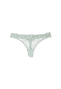 Hellgrüner Spitzen-Tanga mit floralem Stickmuster, mit weichem Mesh-Textil und gewellten Kanten. Glatte Vorderseite mit einem feinen Muster.