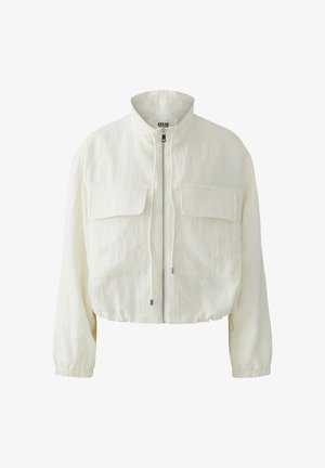 Witte lichtgewicht jas met frontrits, hoge kraag, twee klepzakken op de borst en elastische manchetten.