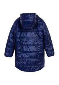 Giacca puffer blu scuro con cappuccio, caratterizzata da un esterno lucido e trapuntato, maniche lunghe e orlo arrotondato.