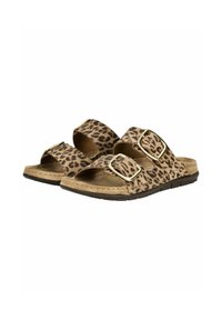 Chanclas de piel de leopardo con dos correas ajustables que cuentan con hebillas doradas, suelas acolchadas y suelas de goma.