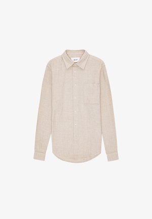 Beige Hemd mit kariertem Muster, langen Ärmeln, Button-Down-Kragen, einer Brusttasche und abgerundetem Saum.