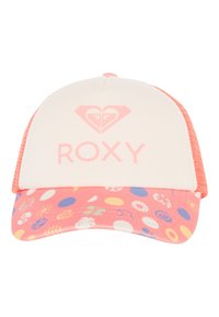 Pink and white cap with a rounded top, featuring a colorful patterned brim. Includes “ROXY” logo in light pink on the front.