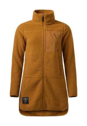 Veste polaire longue marron avec col montant, fermeture éclair à l'avant, deux poches latérales, poche poitrine avec rabat et une étiquette noire près de l'ourlet.
