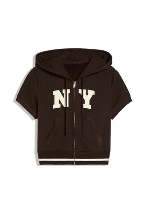 Bershka, SHORT-SLEEVED HOODED ZIP-UP SWEATSHIRT - Sweat zippé - dark brown