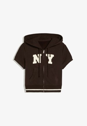 Bershka, SHORT-SLEEVED HOODED ZIP-UP SWEATSHIRT - Sweat zippé - dark brown