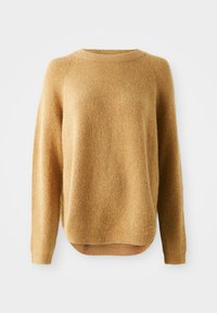 Light brown long-sleeve crewneck sweater with a soft, fuzzy texture and ribbed cuffs and hem against a white background.