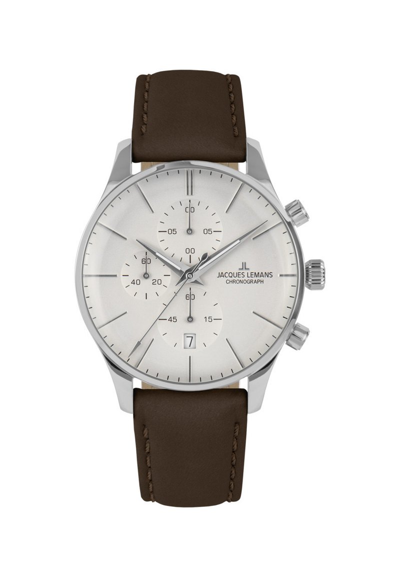 Orologio cronografo in acciaio inox argentato con quadrante bianco, tre sottodial, cinturino in pelle marrone e finestra della data alle 6.