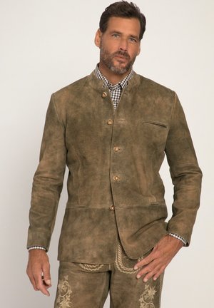 Brown suede jacket with a stand collar, golden buttons, two front pockets, and a textured finish, layered over a checked shirt.