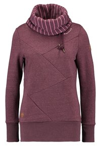 Sudadera morada con cuello alto a rayas, que presenta un diseño texturizado geométrico y puños y dobladillo acanalados. Incluye un detalle de logo en el costado.