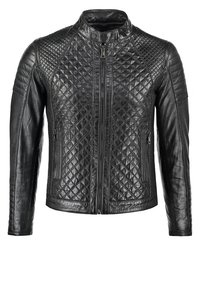 Chaqueta de cuero negro con patrón acolchado de diamantes en la parte delantera y los hombros, cierre con cremallera, bolsillos laterales con cremallera y cuello alto con botón a presión.