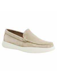 Scarpe slip-on in suede beige con punta arrotondata, pannello laterale elasticizzato e suola in gomma bianca. Cuciture decorative lungo il bordo.