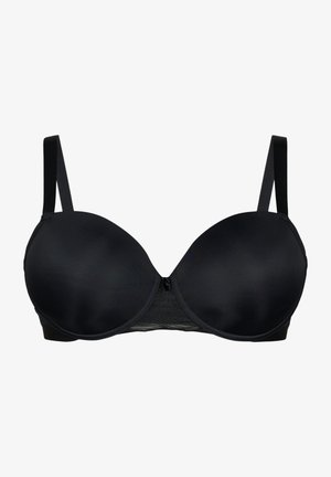 Schwarzer gepolsterter BH mit verstellbaren Trägern, glattem Stoff, Stützstäbchen und nahtlosem Design. Verfügt über einen Frontverschluss und Spitzendetails.