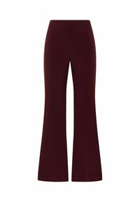 Bordeauxrote Schlaghose aus elastischem Stoff, mit hoher Taille und glatter Textur, sauberen Schnitt und ohne sichtbare Muster oder Verzierungen.