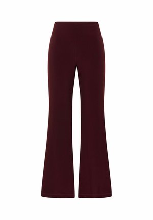 Pantalon évasé bordeaux en tissu extensible, avec une taille haute et une texture lisse, présentant une coupe nette sans motifs visibles ni éléments métalliques.