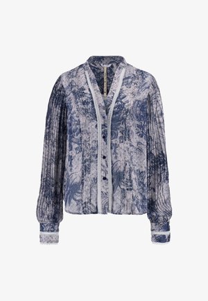 Bluza s gumbi v modro-belem cvetličnem vzorcu, ki se ponaša s pletenim dizajnom, dolgimi rokavi in čipkastim robom na manšetam in ovratniku. Lahkoten material.