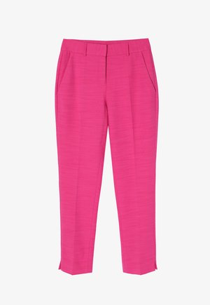 Pantaloni fucsia con una texture liscia, taglio affusolato, tasche laterali e dettagli con spacco sull'orlo per un design aggiuntivo.