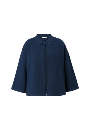Mørkeblå oversized cardigan med kraveudskæring, åben front og brede ærmer. Fremstillet af blødt stof med en glat overflade.