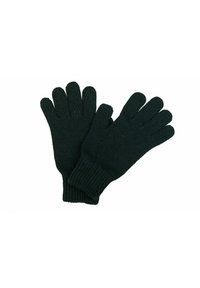 Svarta stickade handskar med fem fingrar, ribbade muddar och en texturerad tyg. Den övergripande formen är standard för vinterkläder.
