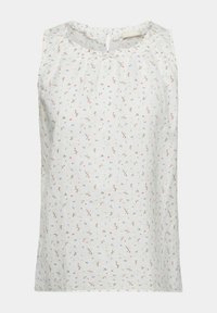 Blouse blanche sans manches avec petit imprimé floral rouge, bleu et vert et encolure froncée avec fermeture par boutons au dos.