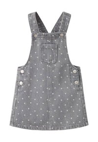 Siva traper haljina s overalls krojem, s bijelim uzorcima zvijezda, naramenicama koje se preklapaju na leđima, prednjim džepom i srebrnim gumbima sa strane.