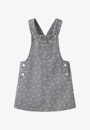 Graue Denim-Latzkleid mit weißen Sternmustern, über Kreuz verlaufenden Trägern, Fronttasche und silbernen Knopf-Accenten an den Seiten.