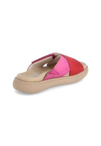 Open-toe sandals featuring a combination of red and pink leather panels, a cushioned beige outsole, and adjustable Velcro straps.